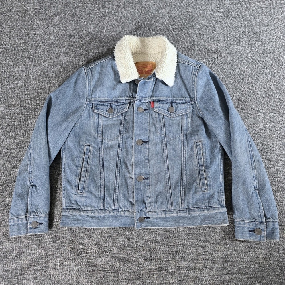 Levis Kids Sherpa Lined Denim Trucker Jacket Medium Wash Blue Size M 10-12 YRS